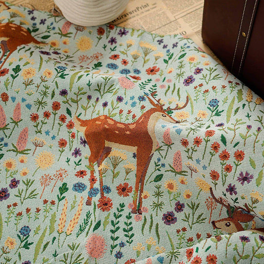 Vintage Jacquard Fabric: Light Green Deer Floral Upholstery, Costume, Decor (59" Wide)