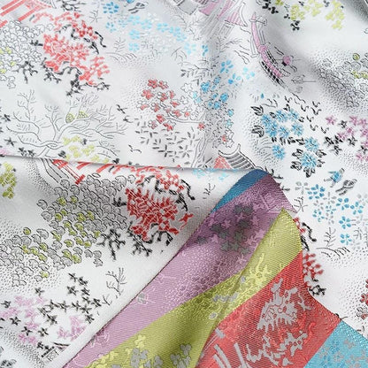 Silver White Brocade Fabric: Ancient Chinese Painting Pattern, 45" Wide
