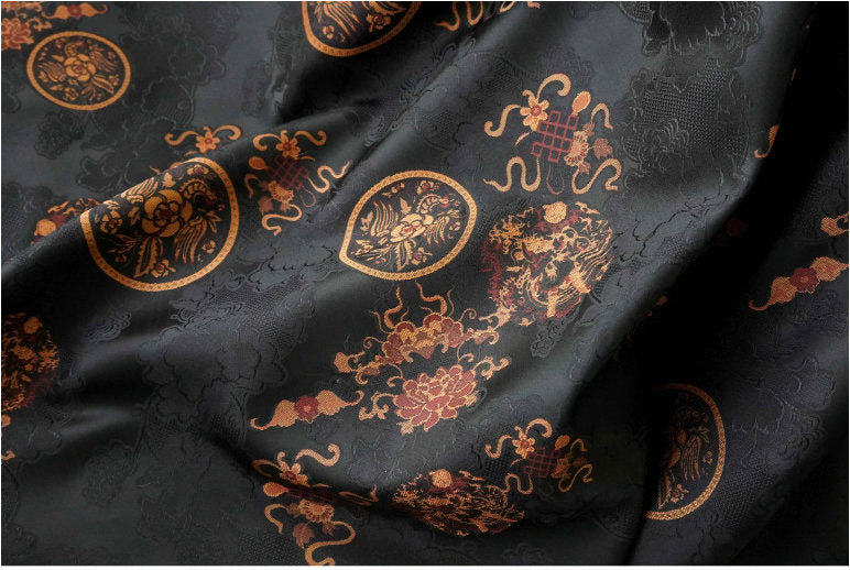Black Botanical Print Fabric: Floral Cloud Yarn Upholstery, 59" Wide