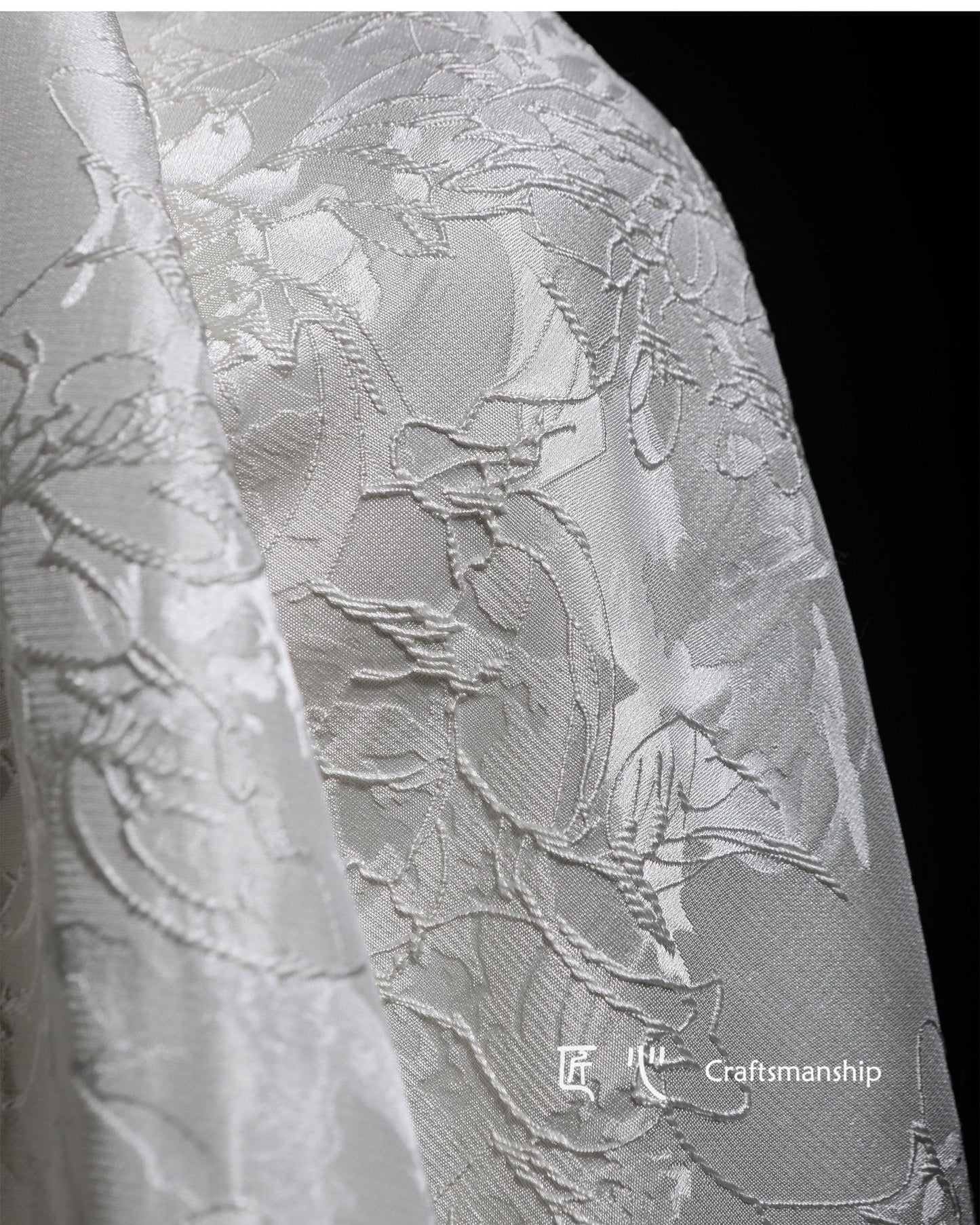 White Floral Jacquard Fabric: 3D Textured Embroidery, 63" Wide, By The Meter