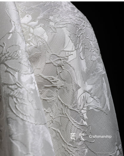 White Floral Jacquard Fabric: 3D Textured Embroidery, 63" Wide, By The Meter