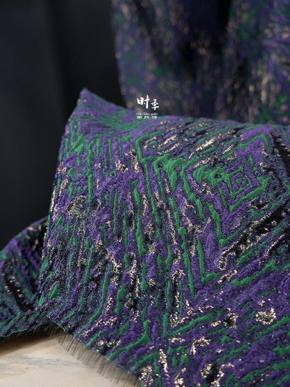 Gold Thread Jacquard Fabric: Green & Purple 3D Designer Fabric - 55"W