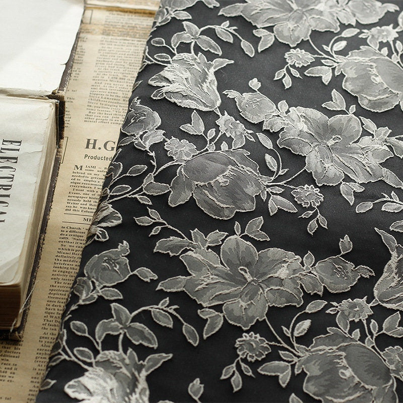Black & White Floral Jacquard Fabric: Embossed 3D Design, 52" Wide