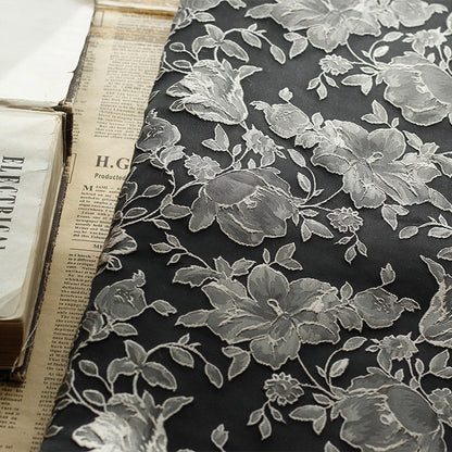 Black & White Floral Jacquard Fabric: Embossed 3D Design, 52" Wide