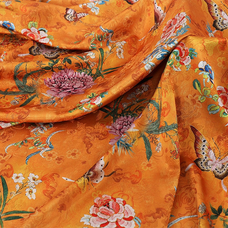 Butterfly Floral Tea Silk Satin Fabric: 59"W Digital Print Sewing Material