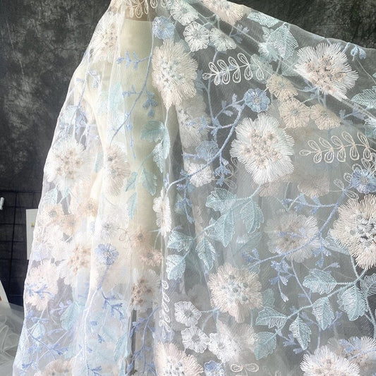 Floral Embroidery Lace Fabric: 3D Flower Polyester Sewing Fabric (59"W)