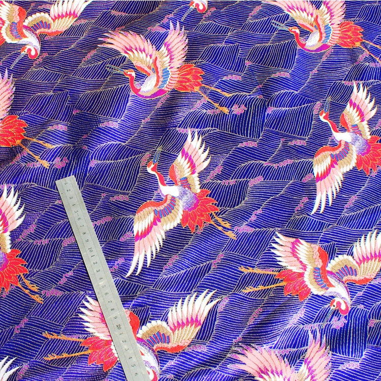 Crane Pattern Jacquard Satin Fabric: 58"W Rayon Brocade by the Meter