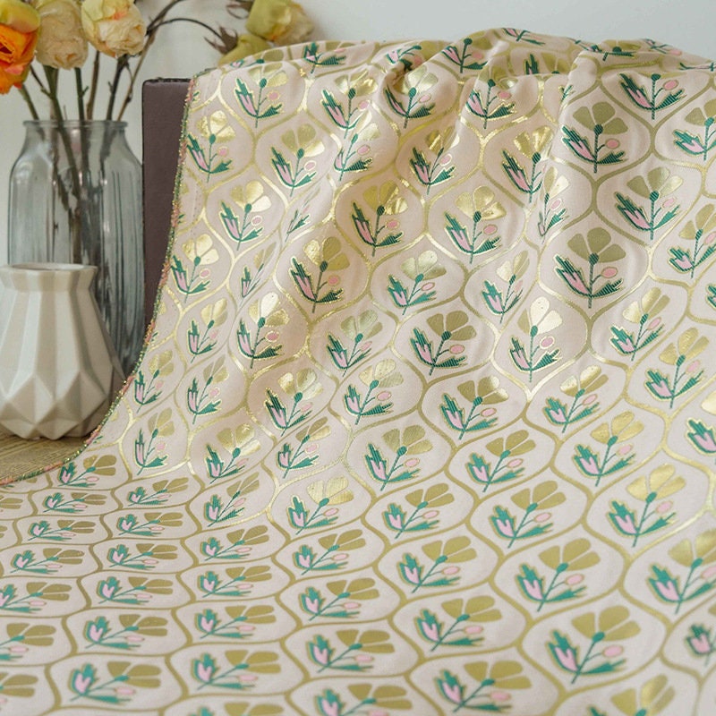 Gold Floral Jacquard Fabric: Embossed Flower Pattern, 60" Wide