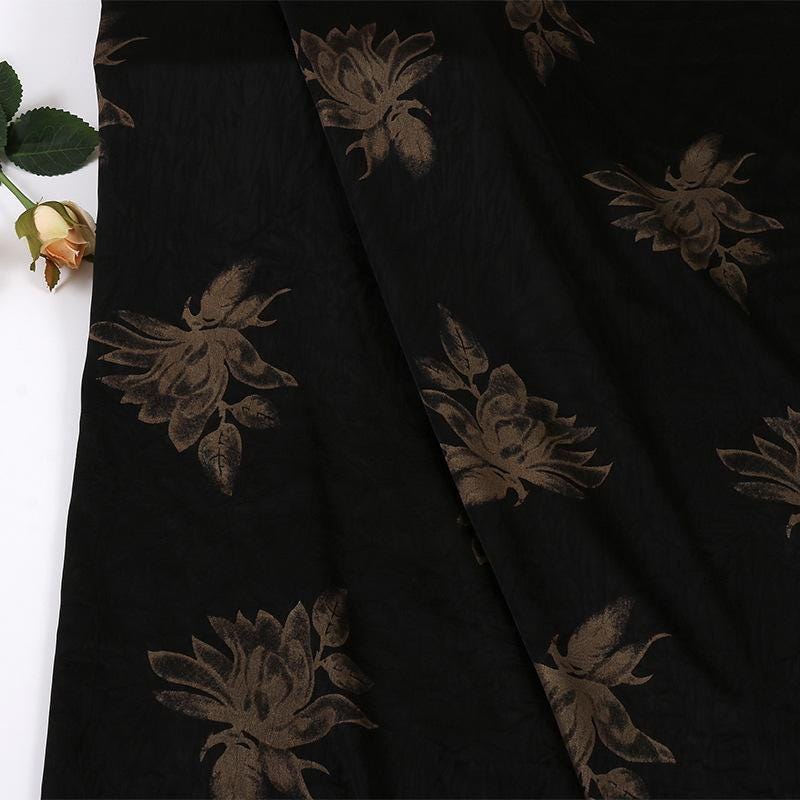 Black Floral Gambiered Canton Gauze Fabric: Two-Tone Satin, 59" Wide