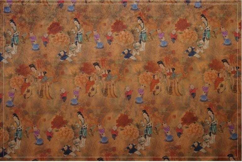 Ancient Family Tea Silk Satin Fabric: Digital Print, 59"W