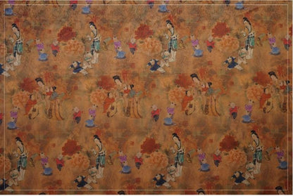 Ancient Family Tea Silk Satin Fabric: Digital Print, 59"W