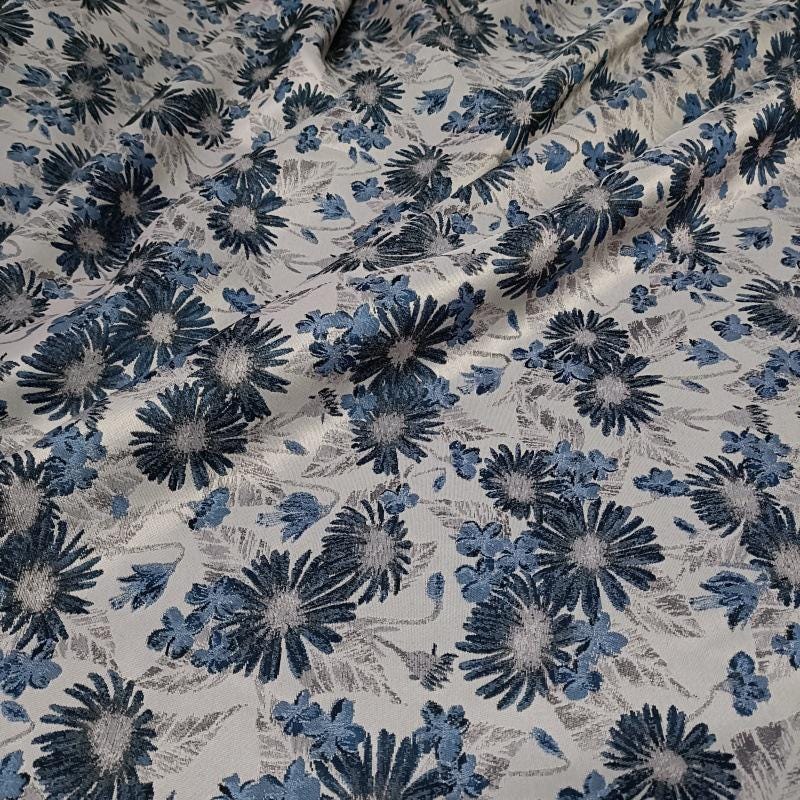 Reversible Floral Jacquard Fabric: Retro Blue Embossed Woven Material, 59"W