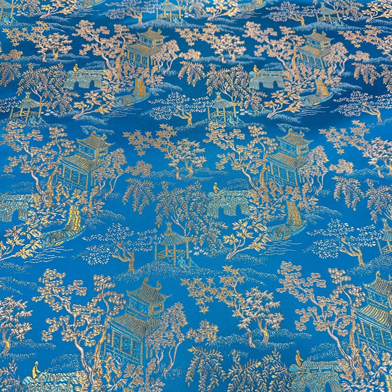 Ancient Chinese Brocade Fabric: 59"W Damask Pattern, Upholstery & Sewing