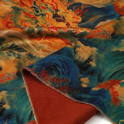 Tea Silk Satin Fabric: Ancient Painting Print, 59" Wide