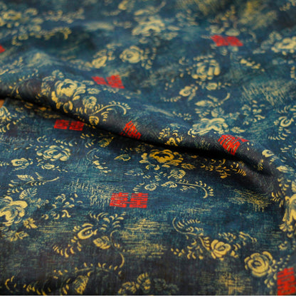 Tissu ramie à imprimé floral turquoise : teinture végétale naturelle (57 po L)