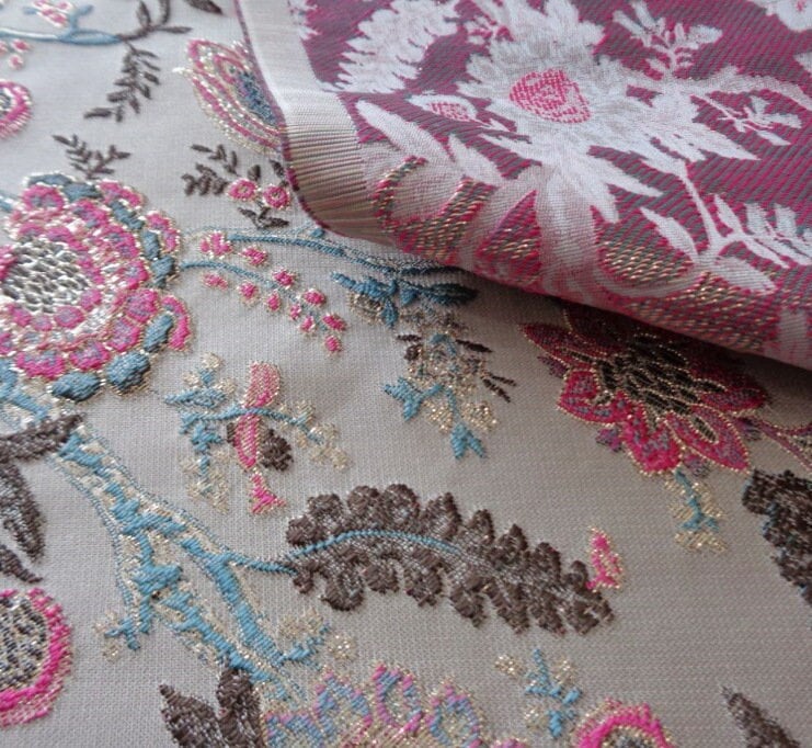 Pink & Blue Celosia Flower Gold Jacquard Fabric: 57" Wide - Poppylollipop
