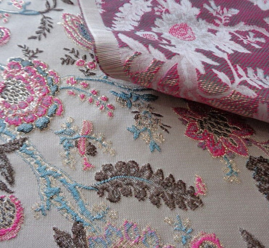 Pink & Blue Celosia Flower Gold Jacquard Fabric: 57" Wide - Poppylollipop