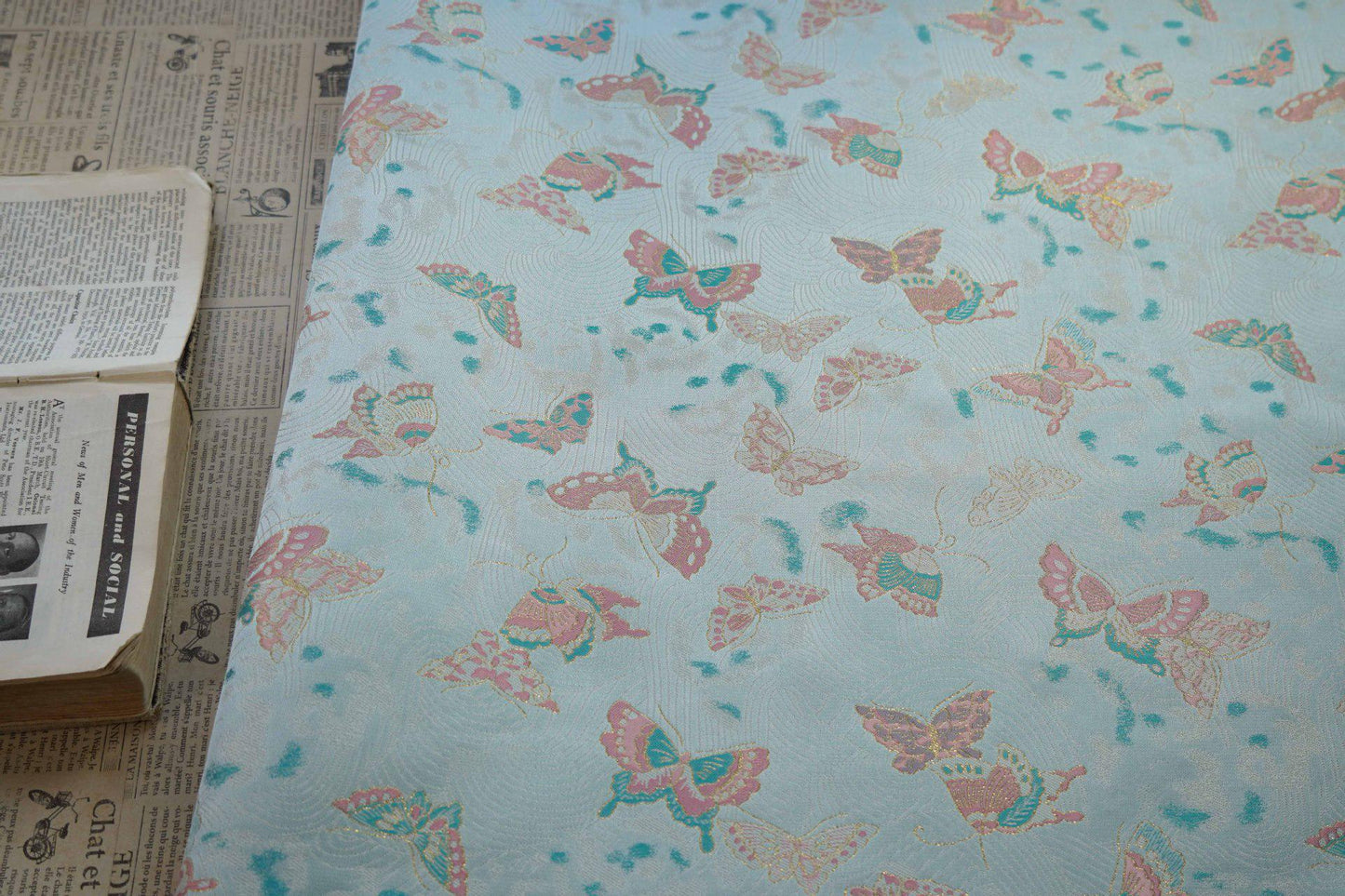 Butterfly Jacquard Fabric: Gold Thread Polyester Rayon Blend, 57"W