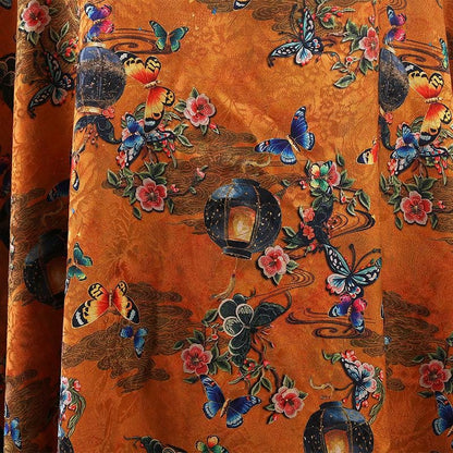 Butterfly Tea Silk Satin Fabric, Digital Print, Costume Sewing, 59"W
