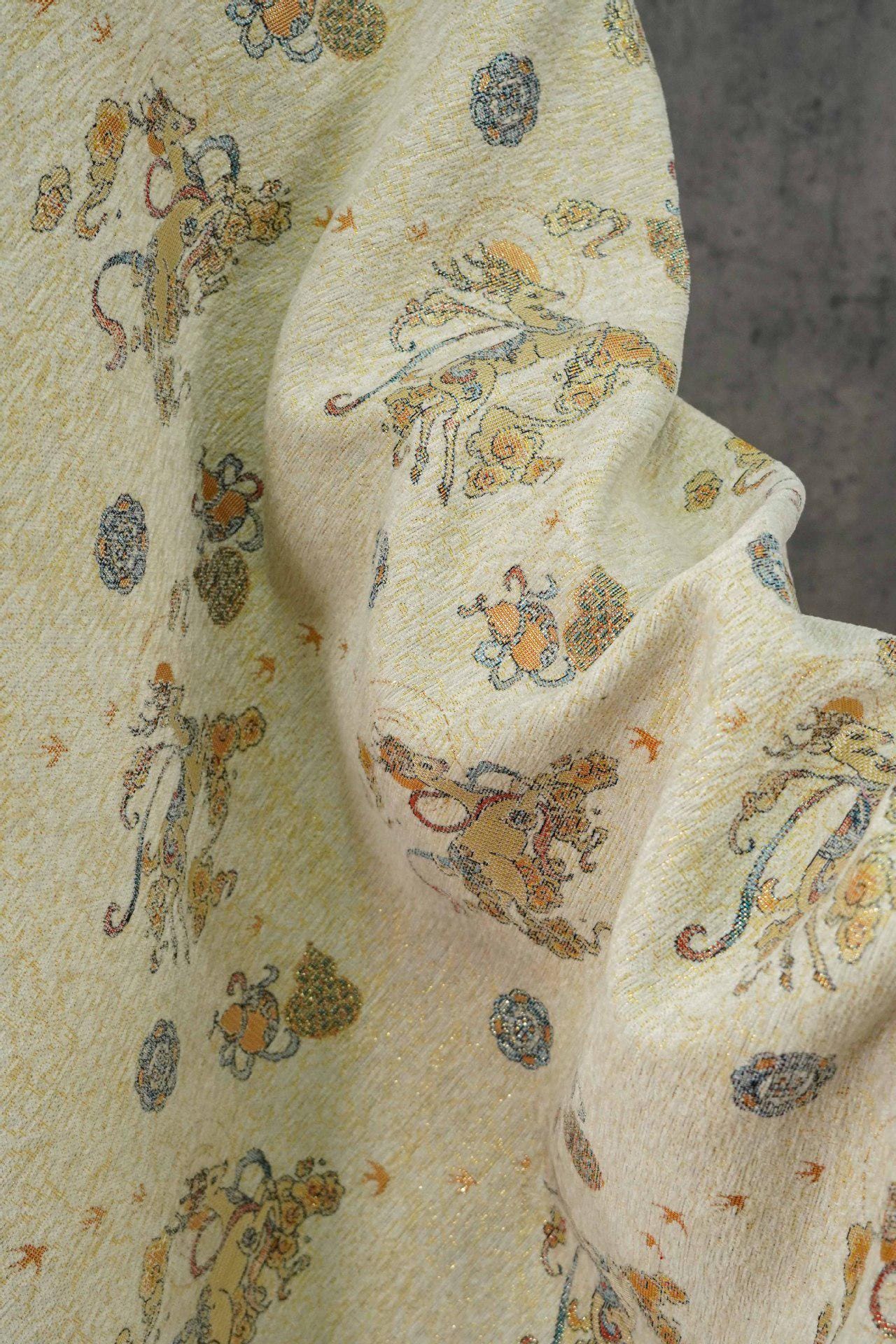 Chenille Deer Jacquard Fabric | Chinese Style Woven Upholstery, 55" Wide
