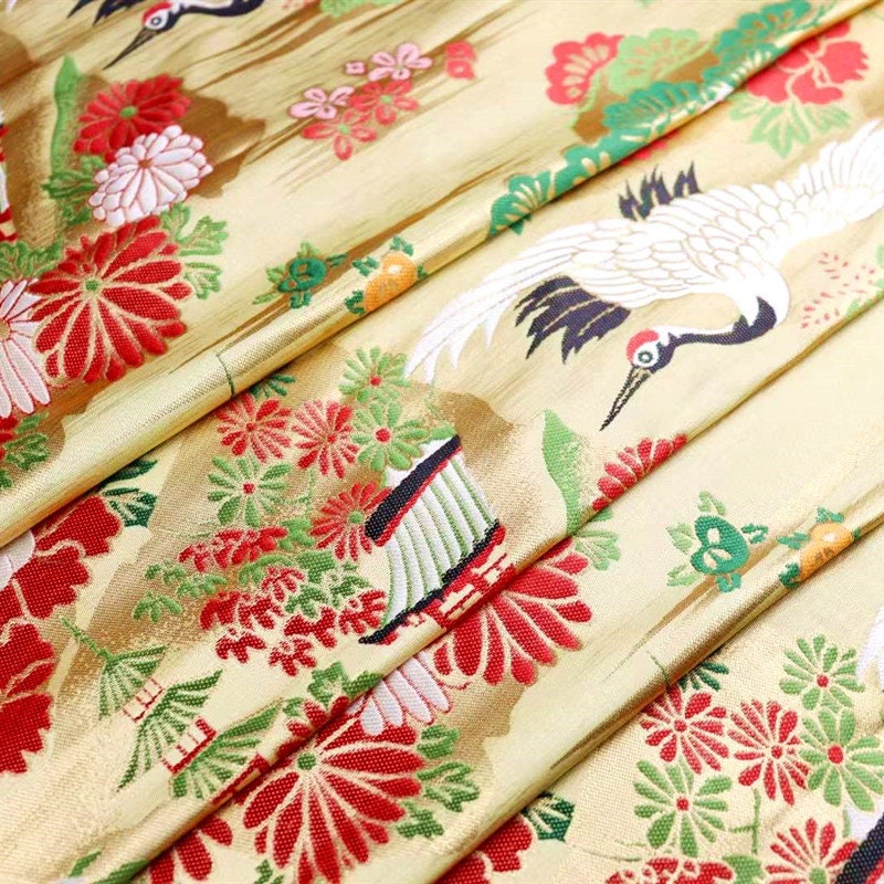 Crane Jacquard Satin Fabric: Birds Pattern Brocade, Costume Decor