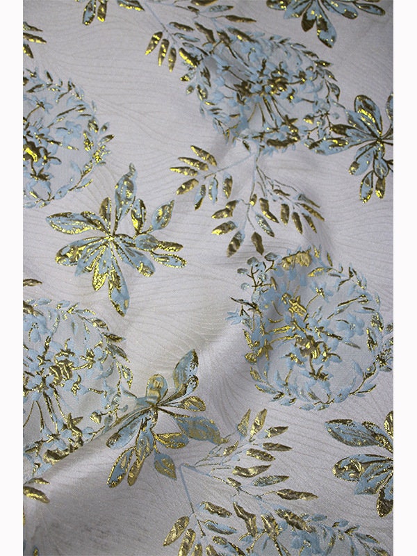 Gold Thread Jacquard Fabric: 3D Floral Design, 56" Wide