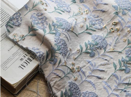Blue Dandelion Jacquard Fabric: Lurex Woven with Gold, 56" Wide