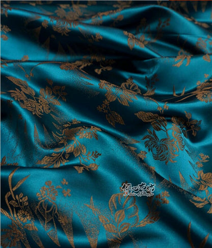 Tissu brocart de soie turquoise : Damas à fleurs de café, 75 cm de large