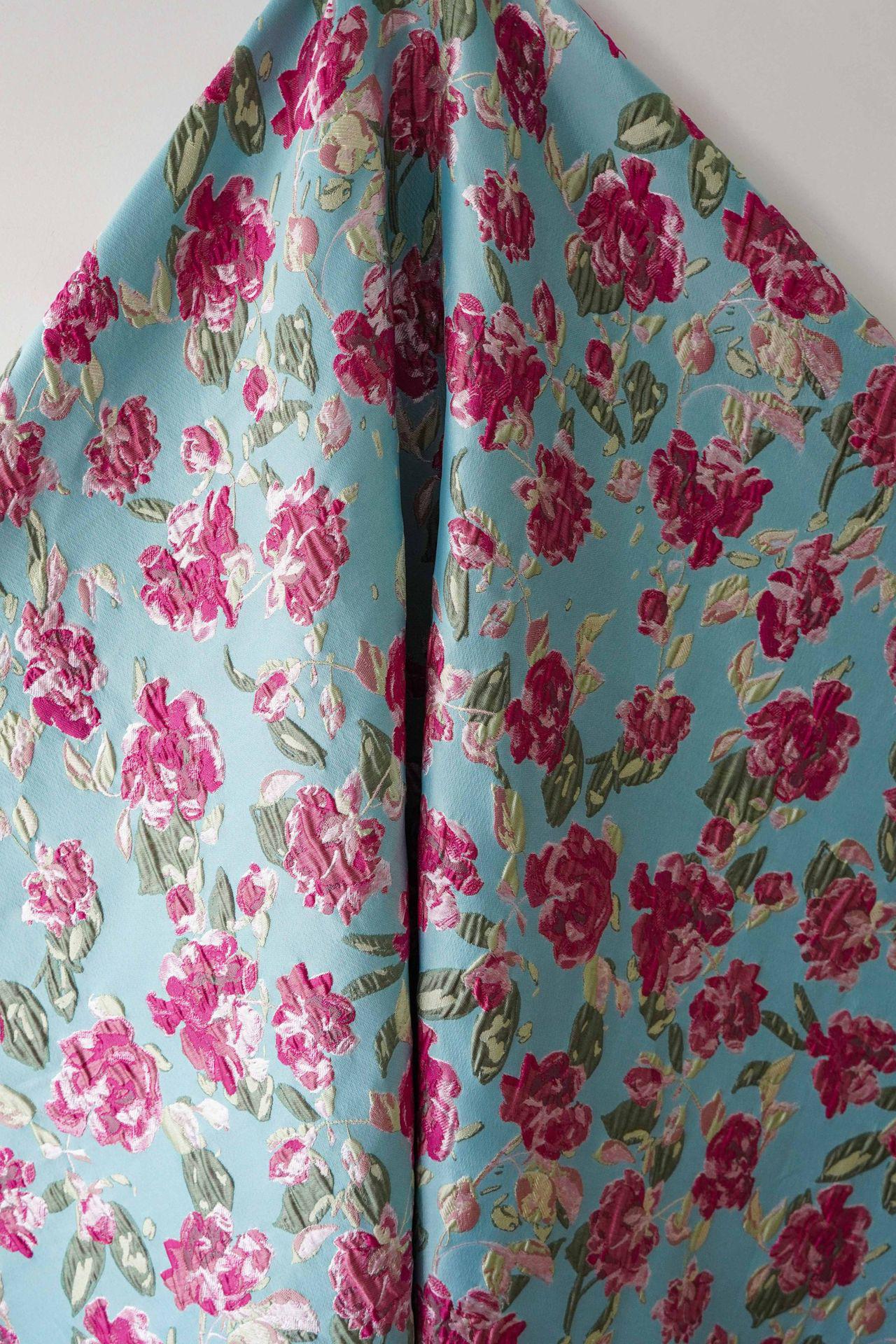 Blue Floral Embossed Jacquard Fabric ��� 3D Textur" Wide