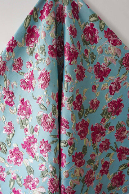 Blue Floral Embossed Jacquard Fabric ��� 3D Textur" Wide