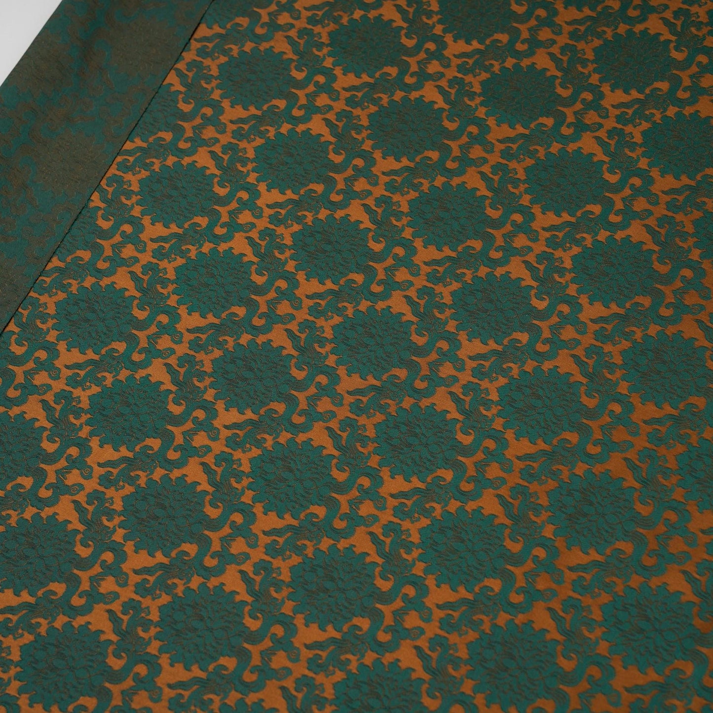 Japanese Kinran Brocade Fabric: Teal & Gold Floral, 29.5"W, By The Meter