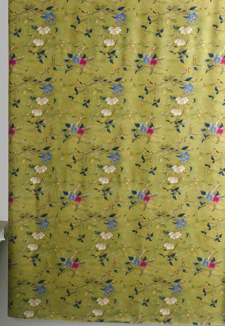 Floral Cotton Fabric: Green Ancient Ink Painting, 55"W