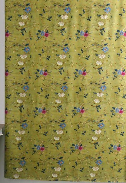 Floral Cotton Fabric: Green Ancient Ink Painting, 55"W
