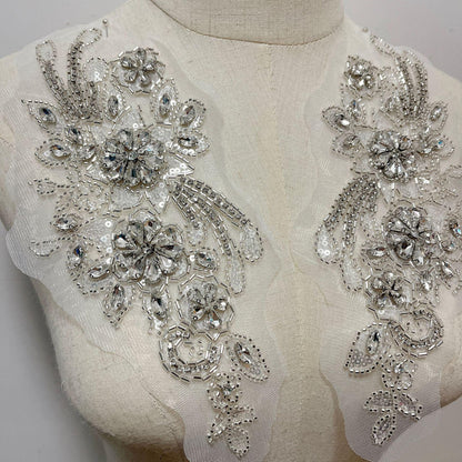 Embroidered Lace Trim: Light Ivory Bridal Applique with Sequins (By Pair)