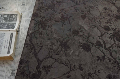 Ink Wash Floral Yarn-Dyed Fabric ��� Black Asian Botanical Quilting Fabric, Upholstery & Home Decor Textile,  62''W Designer