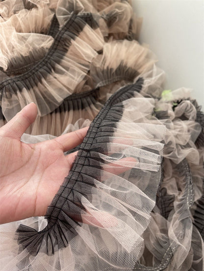 Sheer Pleated 3D Ruffle Mesh Fabric, Stiff Texture, Designer Gown Material