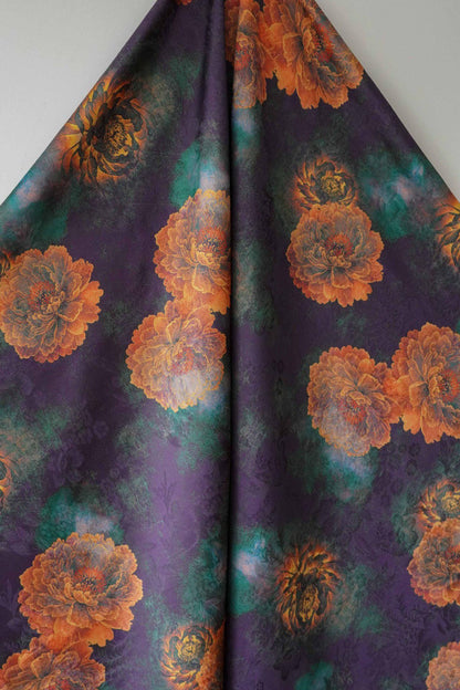Floral Tea Silk Satin Fabric: Dark Green Upholstery, Costume, Drapery (59"W)