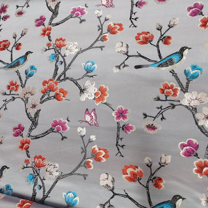 Red Silk Brocade Fabric: Bird & Branch Print, 59" Wide