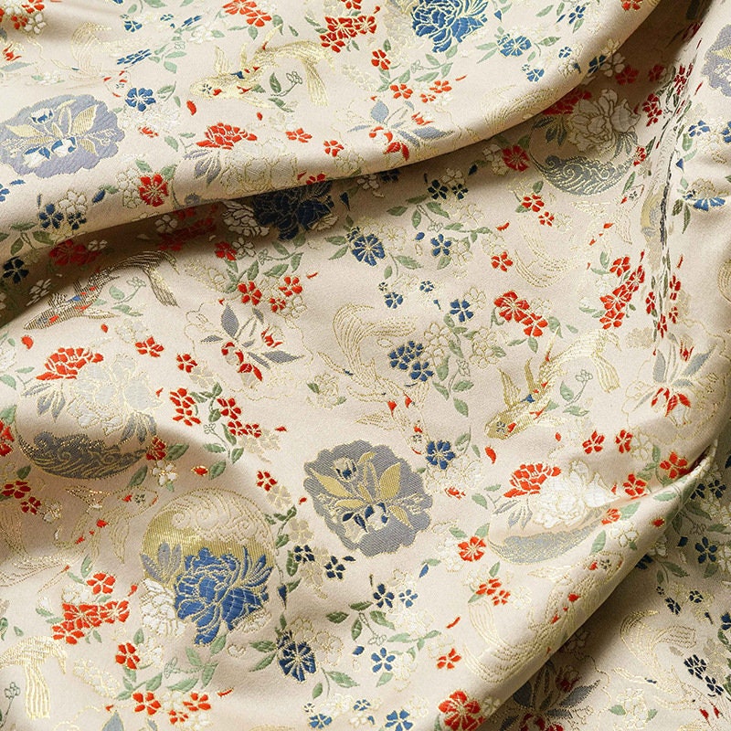 Nishijin Japanese Brocade Fabric: Goldfish Floral Jacquard, 59" Wide
