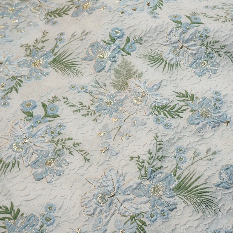 Tissu jacquard à motifs floraux : fil bleu, vert et or, largeur 142 cm, décoration de costumes