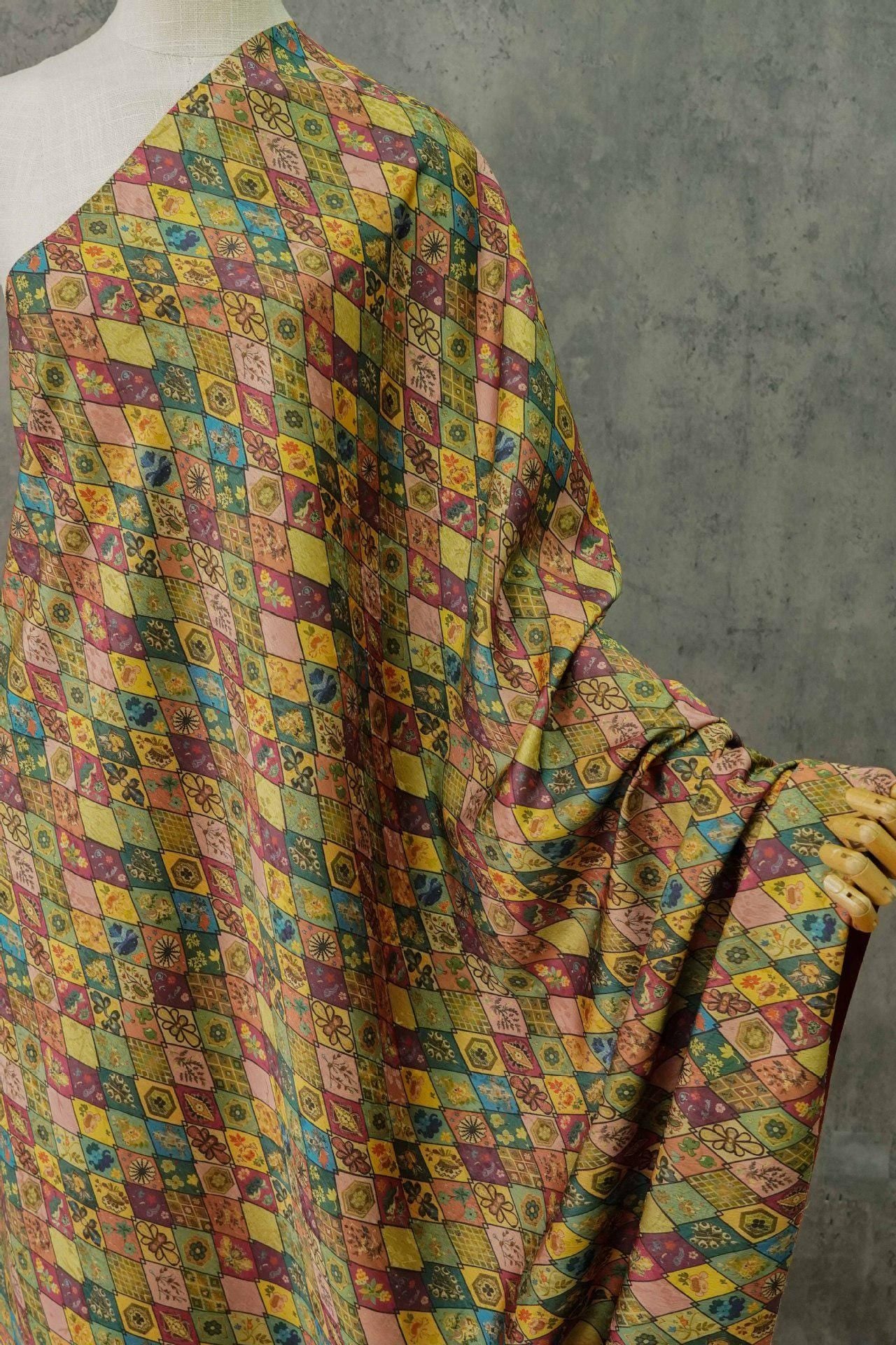 Floral Diamond Tea Satin Fabric, Dark Green Digital Print, 59" Wide
