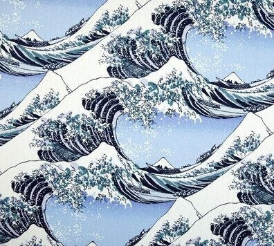 Tissu imprimé vagues japonaises : mélange coton-élasthanne, pour la couture et l’ameublement