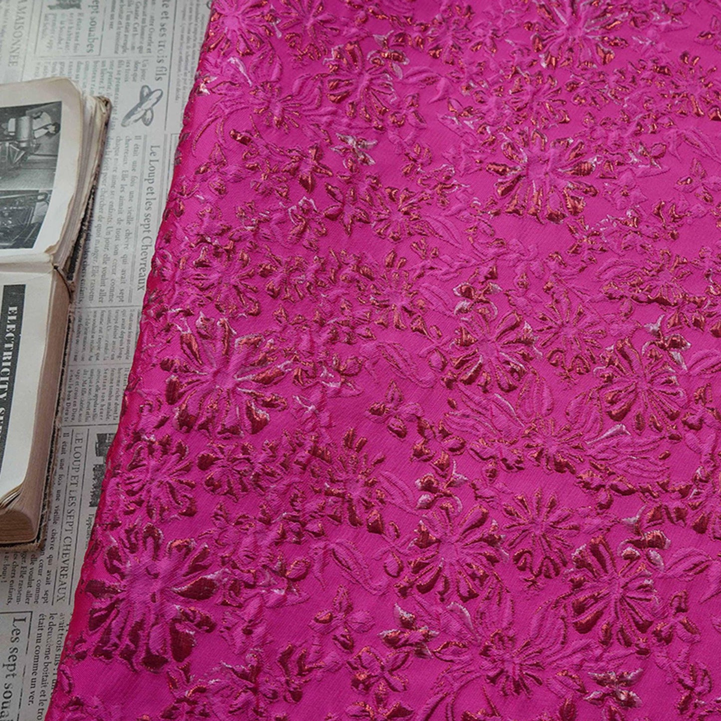 Rose Red Floral Jacquard Fabric ��� Embossed Gold Home D��cor T" Wide