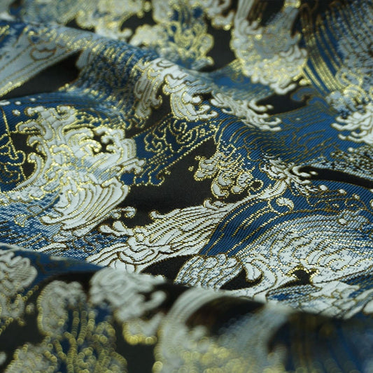 Tissu brocart de soie et rayonne à motif vagues océaniques : matériau pour la confection de vêtements (29,5/59 pouces de largeur)