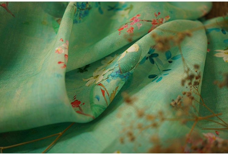Floral Ramie Fabric: Jade Green Textile, 55" Wide