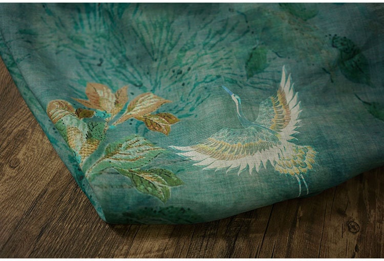 Jade Green Ramie Fabric: Crane Print, Soft Home Textile, 55"W