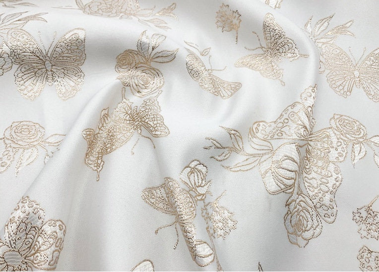 Gold Butterfly Jacquard Fabric: 59"W Beige Rayon Dress Fabric