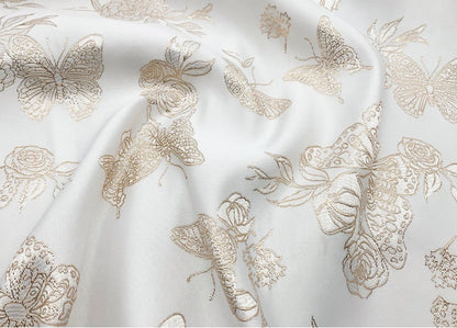 Gold Butterfly Jacquard Fabric: 59"W Beige Rayon Dress Fabric