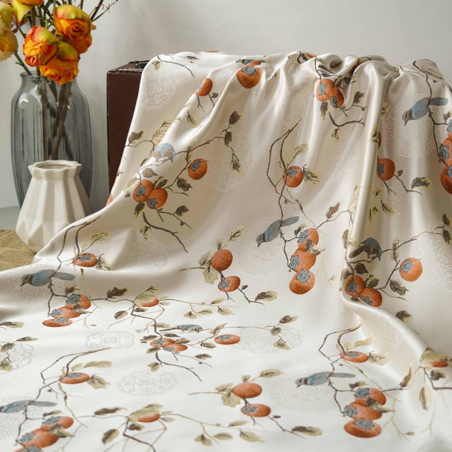 Reversible Jacquard Fabric: Persimmon Ruyi Embossed Woven Textile (65"W)