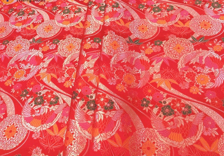 Chinese Silk Brocade Fabric: Crane Pattern, Red Jacquard (59" Wide)